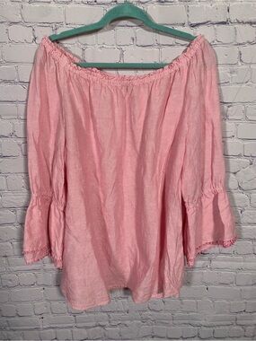 Talbots Womens Linen Blend Off the Shoulder Striped Top Pink Sz XL Preppy Casual